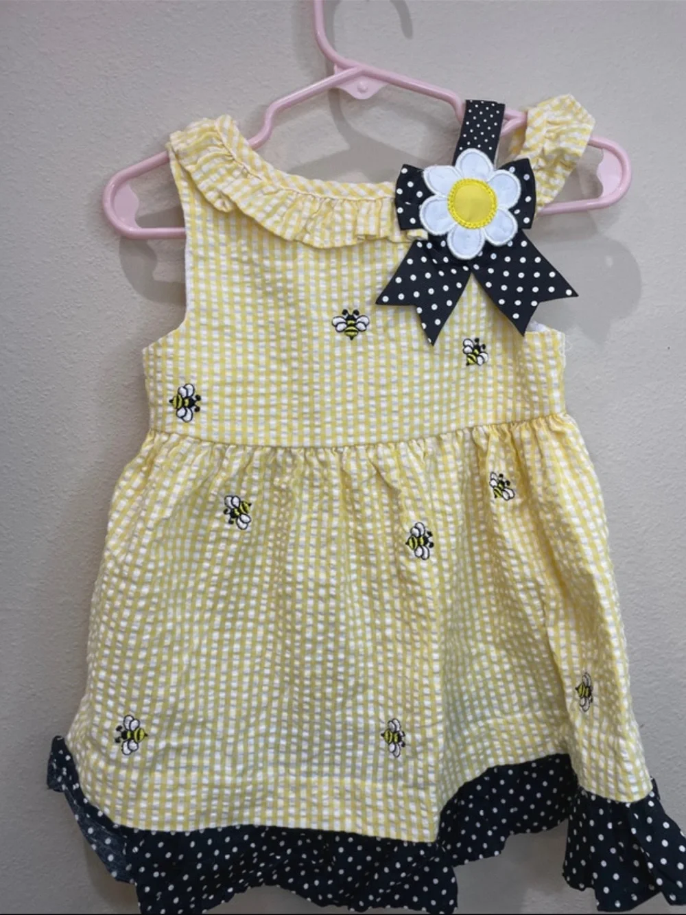 Girls Yellow Gingham Bee Dress with Navy Polka Dot Trim